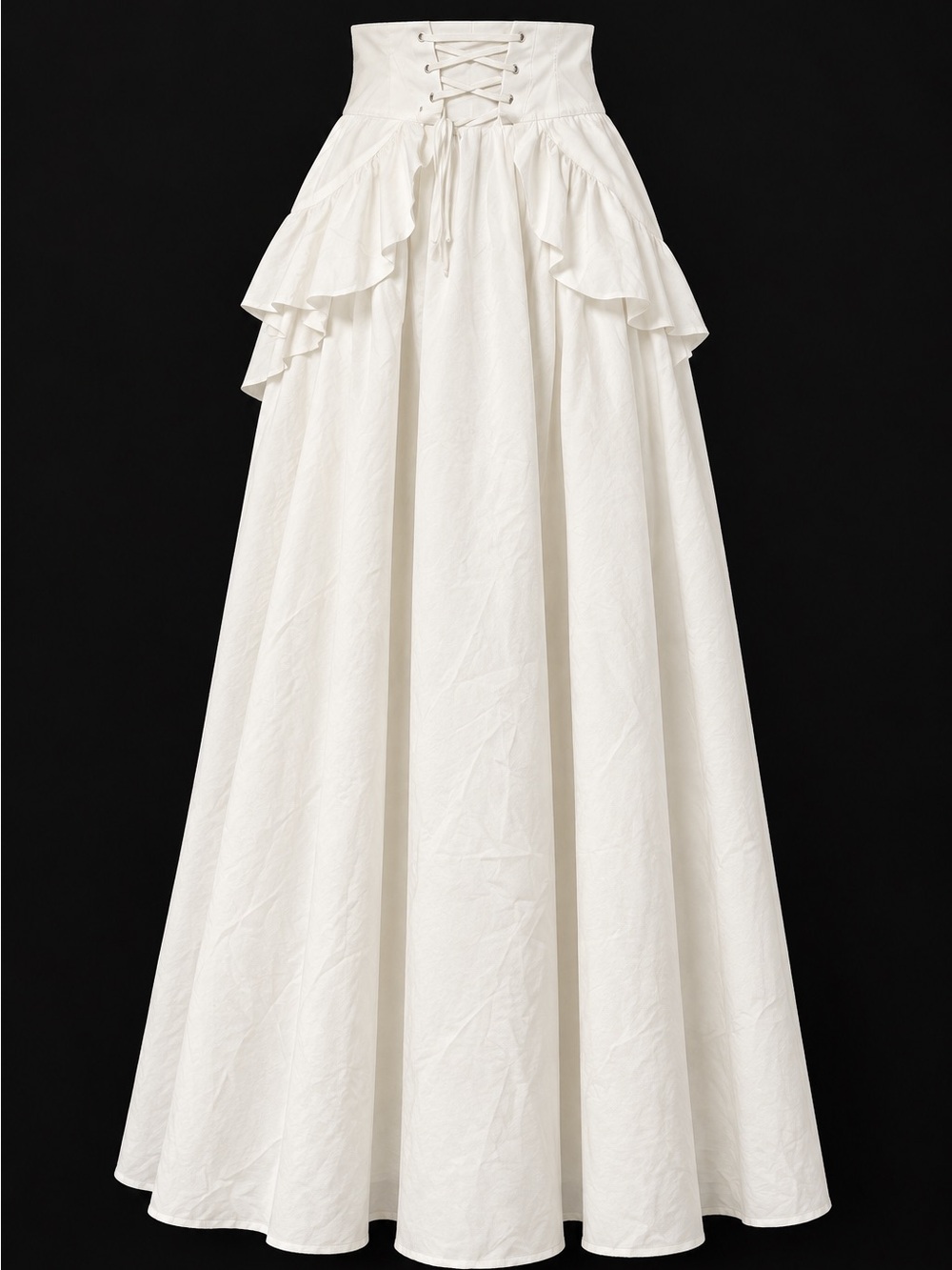 Corset-Waist White Maxi Skirt with Ruffle Detail